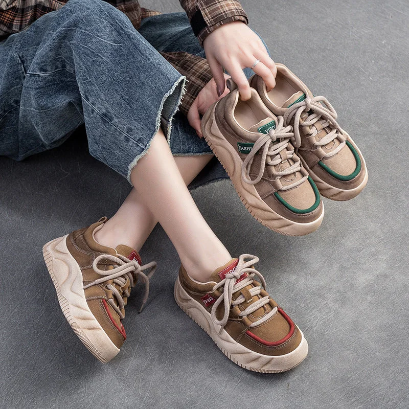 Casual shoes for daily wear -Women Retro Patchwork Leather Thick Soled Casual Shoes