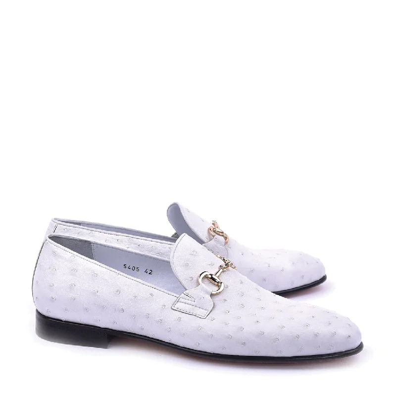 Loafers with airy charm-Corrente C02205 5405 Men's Shoes White Ostrich Leather Bit Buckle Loafers (CRT1440)