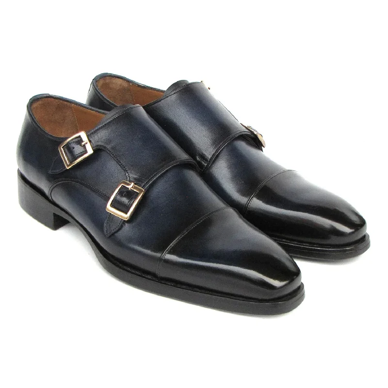 Loafers for warm charm-Paul Parkman 9468-NVY Men's Shoes Navy Calf-Skin Leather Monk-Straps Loafers (PM6415)