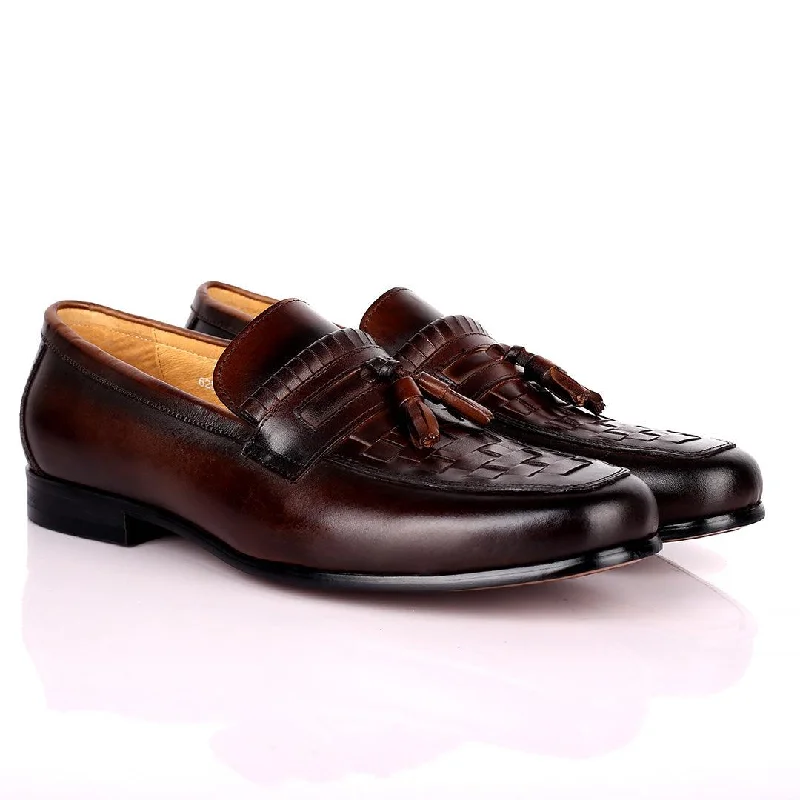 Loafers with cool textures-Gian Elegant Checkers And Fringe Designed Loafers Shoe - Coffee