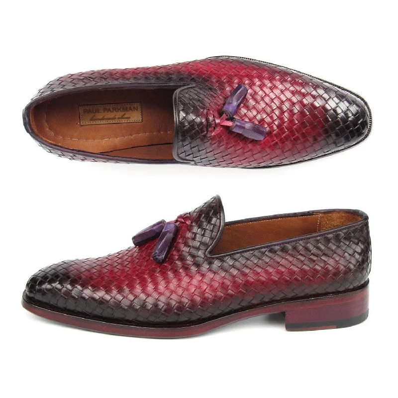 Loafers with snug vibes-Paul Parkman WVN88-BUR Men's Shoes Burgundy Woven Leather Tassel Loafers (PM6411)