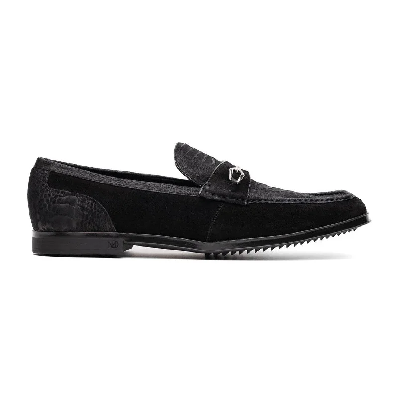 Loafers with smooth lines-Marco Di Milano Hugo Men's Shoes Black Suede / Ostrich Leg Horsebit Loafers (MDM1066)