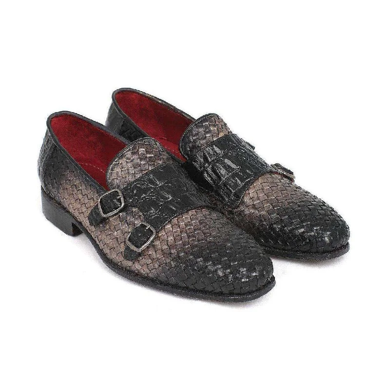 Loafers with cool patterns-Paul Parkman Handmade Designer Shoes Gray Woven & Croc Embossed Monkstraps Loafers (PM5457)