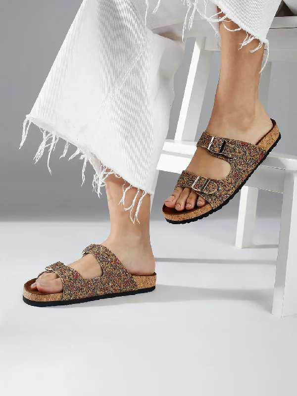 stylish flats for couples-Women Tan Printed Cork Finish Open Toe Comfort Flats With Buckle Detail