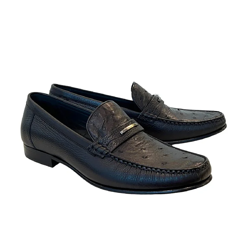 Loafers for night walks-Corrente C0014051-3898Ost Men's Shoes Black Exotic Ostrich / Deer-Skin Moccasin Loafers (CRT1471)