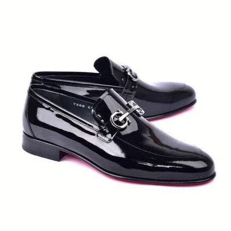 Loafers with elegant lines-Corrente C00012-7260 Men's Shoes Black Patent Leather Horsebit Formal Loafers (CRT1488)