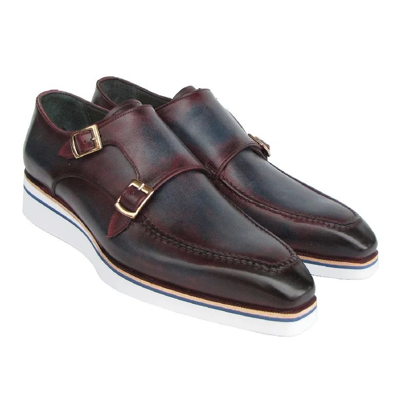 Loafers with bold vibes-Paul Parkman 189-BLU-BRD Men's Shoes Blue & Bordeaux Calf Skin Leather Monk-Straps Loafers (PM6398)