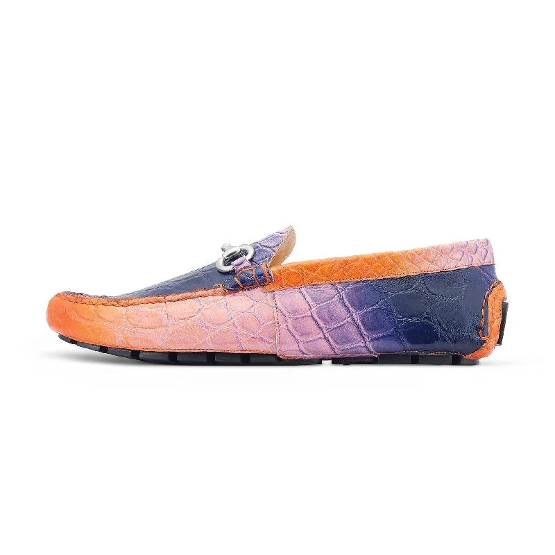 Loafers with easy hues-Mauri 3405/1 Scenic Men's Shoes Pink, Wonder Blue & Orange Exotic Alligator Driver Moccasins Loafers (MA5525)