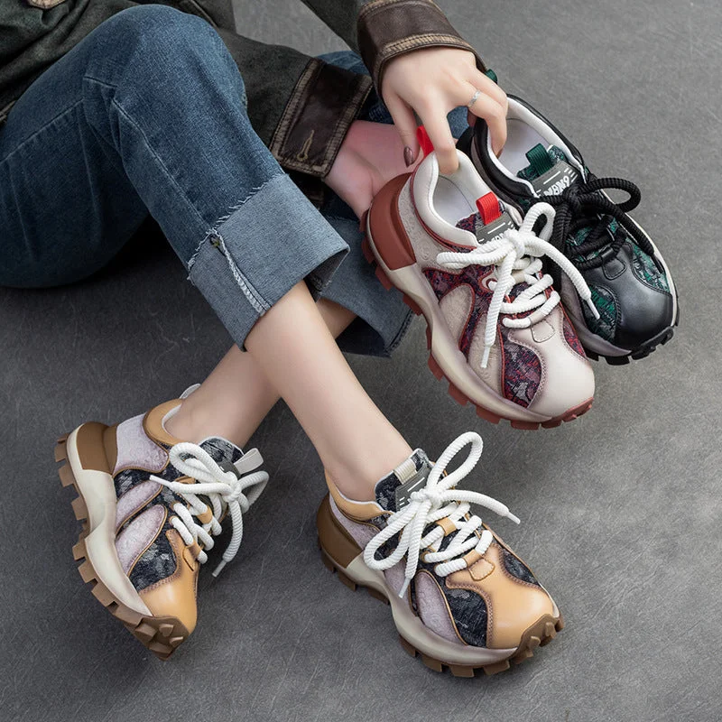 Casual shoes for casual style -Women Fashion Color Matching Leather Lug Sole Casual Shoes