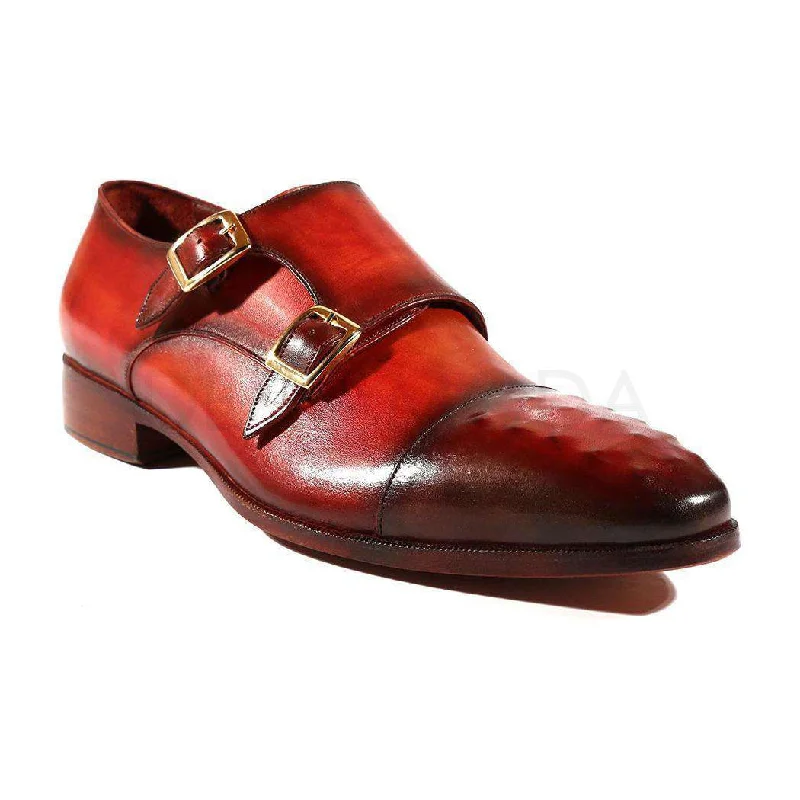 Loafers with plush lining-Paul Parkman Handmade Designer Shoes Men's Designer Shoes Studded Cap Toe Double Monkstraps Burgundy Loafers (PM2002)