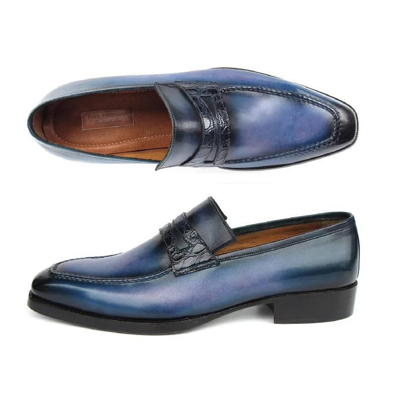 Loafers for active charm-Paul Parkman 6944-BLU Men's Shoes Blue Hand-Painted Leather Goodyear Welted Patina Handmade Loafers (PM6397)