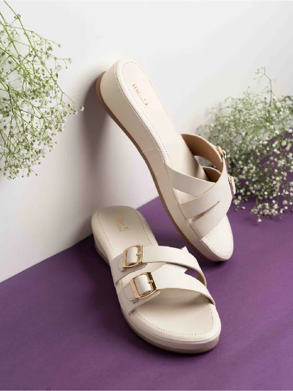 flats with cozy bedrooms-Womens Cream Casual Double Strap Round Toe Comfort Flats