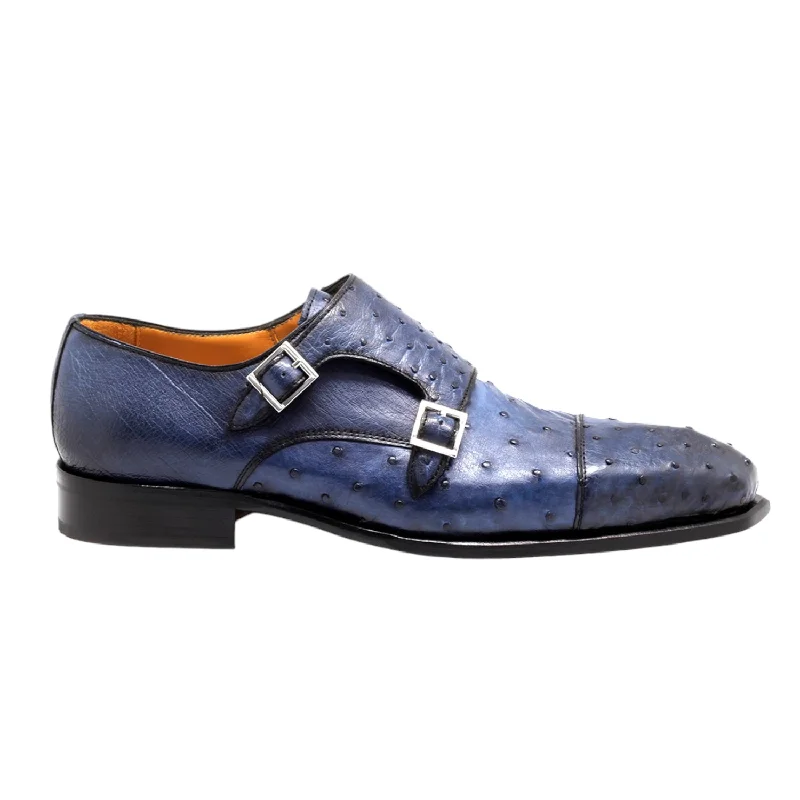 Loafers for office vibes-Mister Piles 40415 Men's Shoes Azure Blue Exotic Ostrich-Skin Monk-Straps Loafers (MIS1144)