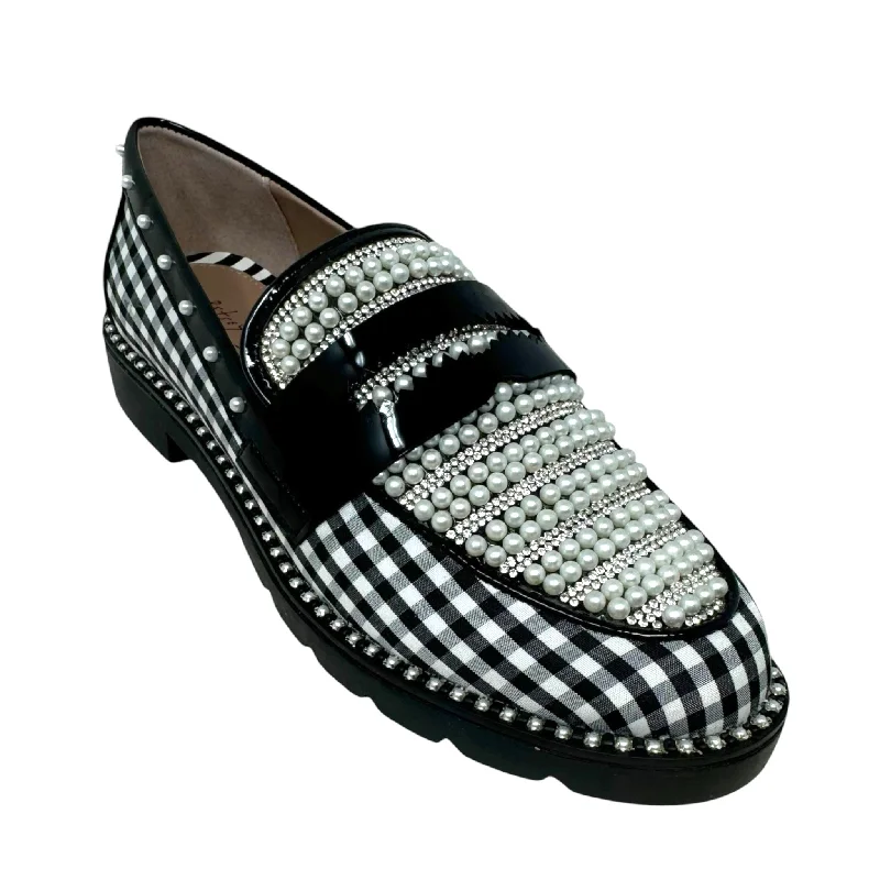 affordable flats near parks-Darian Pearl-Embellished Tailored Lug-Sole Loafers By Betsey Johnson In Black & White, Size: 6.5