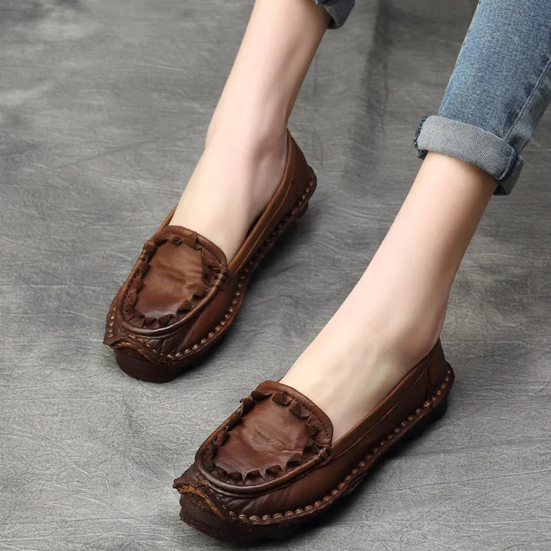 Casual shoes with neutral design -Women Cowhide Handmade Soft Casual Shoes