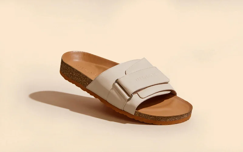 ventilated cotton slippers-Cork Slides : Tan-White