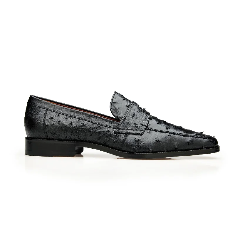 Loafers for spring walks-Belvedere Espada 02440 Men's Shoes Black Exotic Genuine Ostrich Split-Toe Penny Loafers (BV3153)