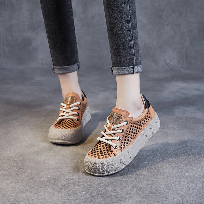 Casual shoes for daily comfort -Women Stylish Hollow Leather Thick Soled Casual Shoes