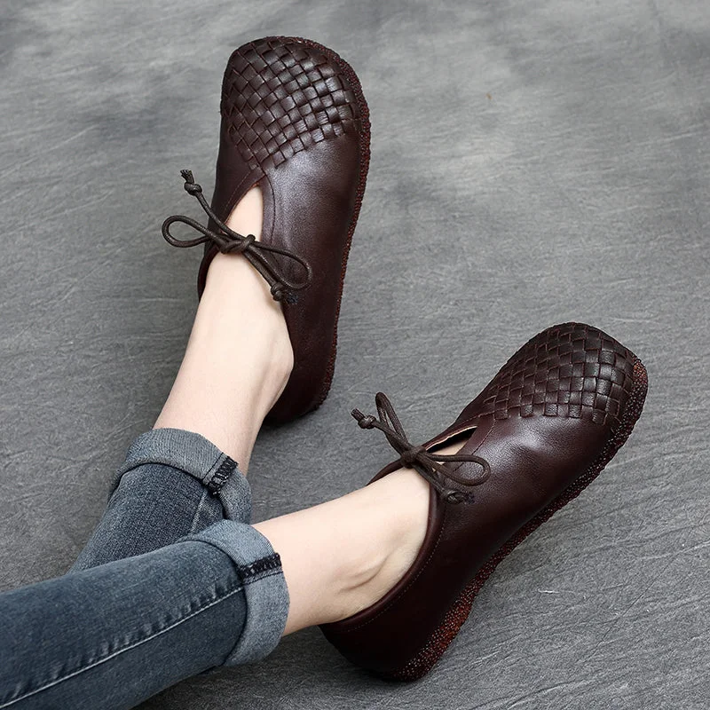 Casual shoes with ankle support -Women Retro Soft Hand-Knitted Leather Casual Shoes