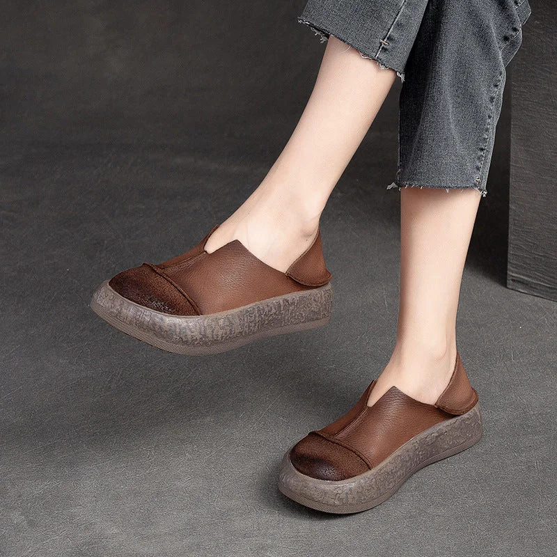 Casual shoes for weekend trips -Women Retro Soft Leather Flat Thick Soled Casual Shoes