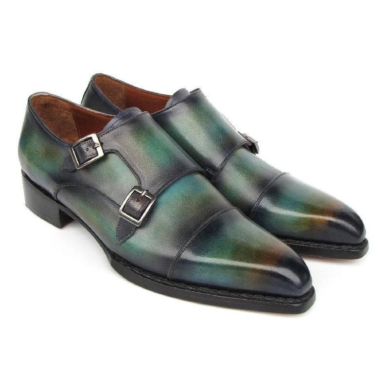 Loafers for long soles-Paul Parkman 2598-5BG Men's Shoes Green & Blue Hand-Painted Leather Cap Toe Double Monkstraps Loafers (PM6395)