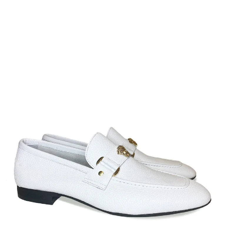 Loafers for summer charm-Corrente P000667 5229 Men's Shoes White Leather with Medusa Ornament Slip On Loafers (CRT1431)