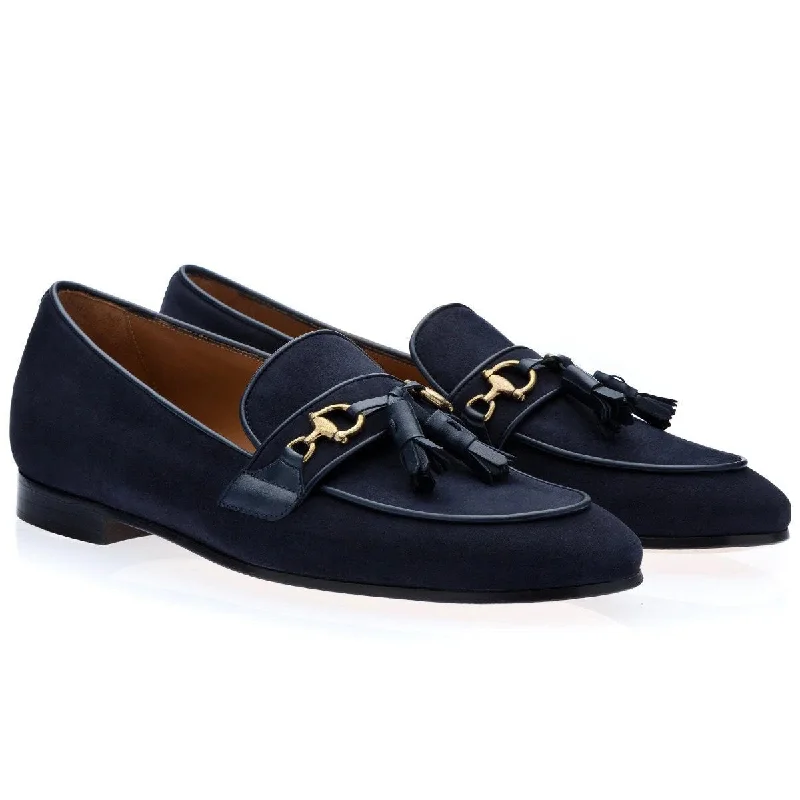 Loafers for wet soles-SUPERGLAMOUROUS Bruno Velukid Men's Shoes Navy Suede Leather Tassel Loafers (SPGMS1061)