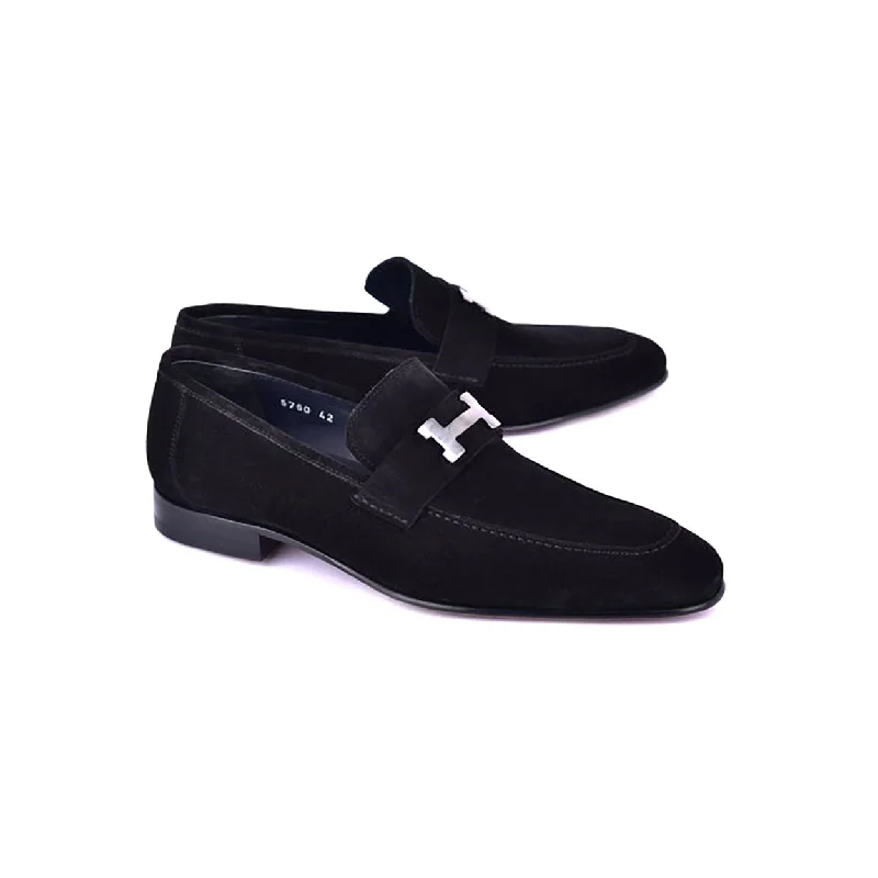 Loafers for travel charm-Corrente C02003 5760 Men's Shoes Black Suede Leather H Buckle Loafers (CRT1311)