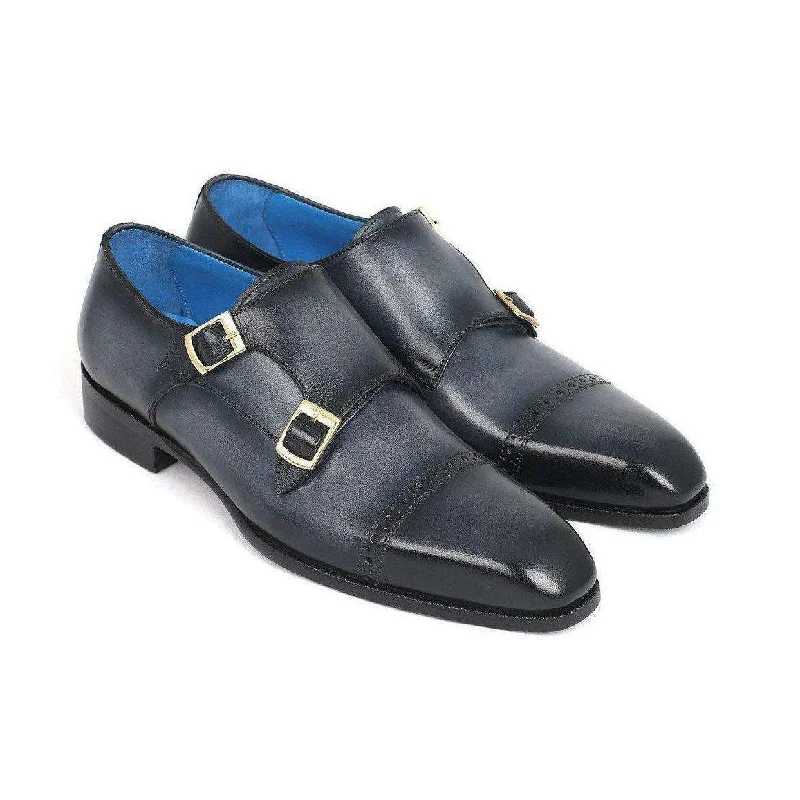 Loafers with extra padding-Paul Parkman Handmade Designer Shoes Captoe Double Monkstraps Navy Loafers (PM5460)