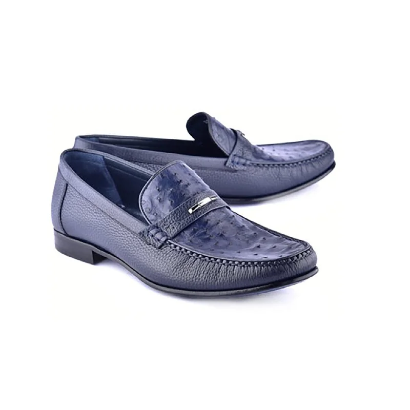 Loafers for work comfort-Corrente C0014051-3898Ost Men's Shoes Navy Exotic Ostrich / Deer-Skin Moccasin Loafers (CRT1473)