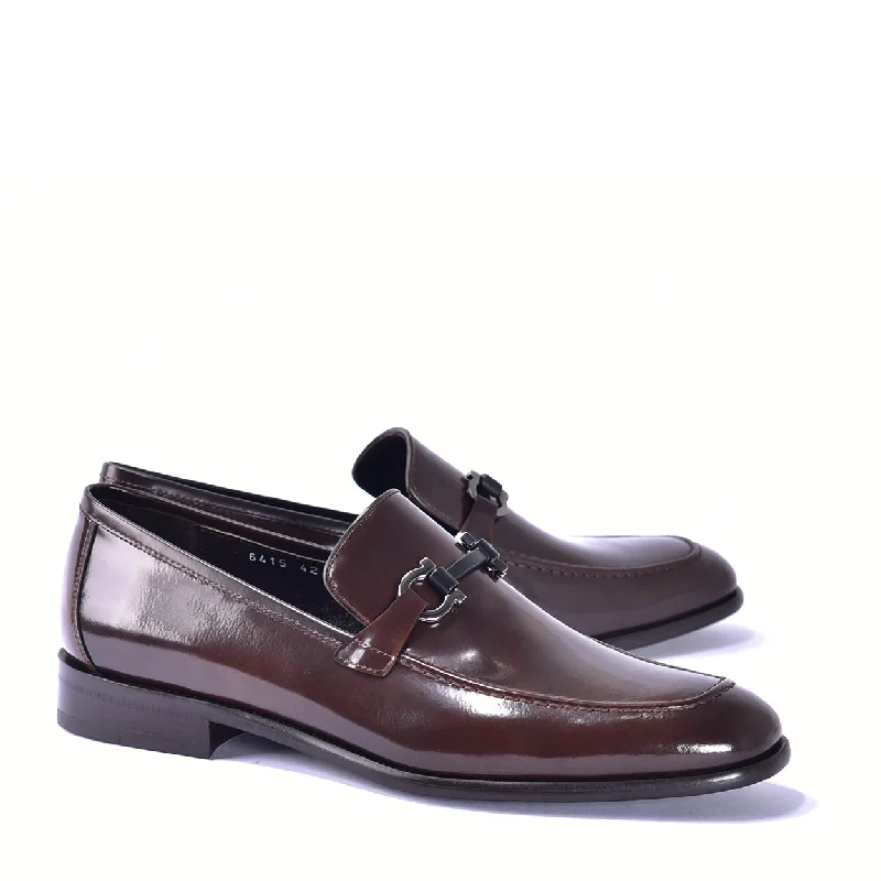 Loafers for city hues-Corrente C0432 6415 Men's Shoes Brown Calf Skin Leather High Gloss Buckle Loafers (CRT1436)