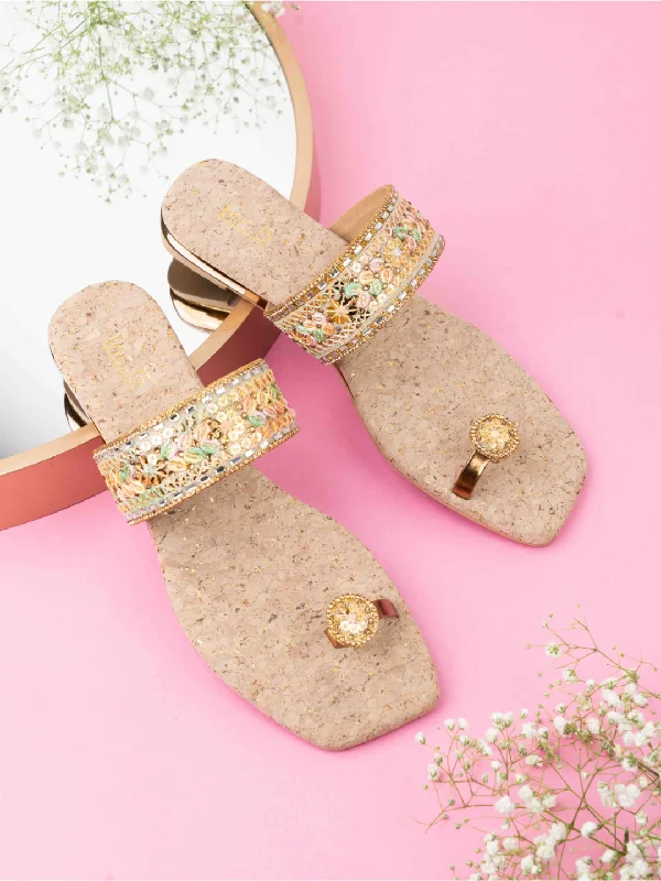 luxury flats for sale-Womens Gold Ethnic Embellished Square Flats