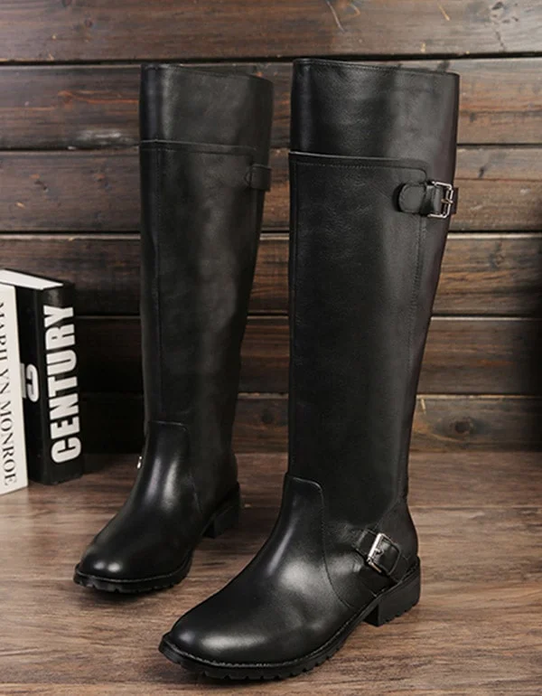 anti-slip snow boots-Fashion Loose Tube Black Long Leather Boots