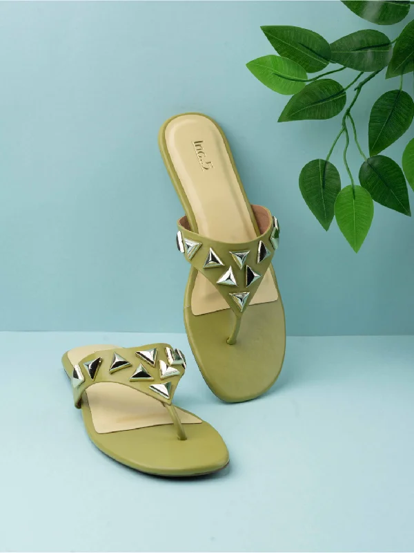 luxury flats near beach-Womens Green Ethnic Embellished Fashion Flats