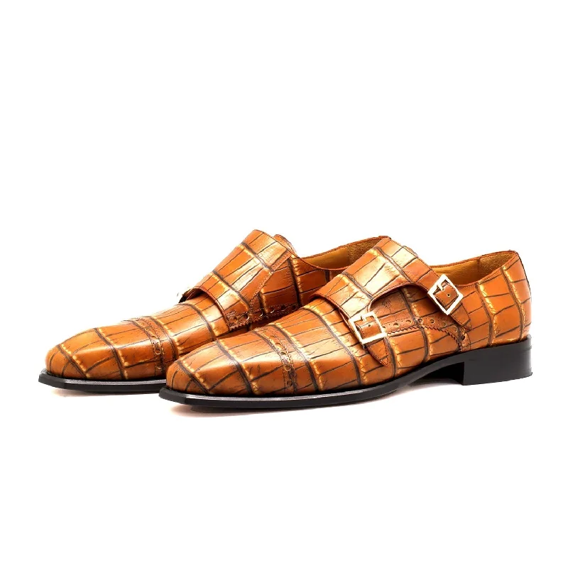 Loafers with playful designs-Mister Flix 40418 Men's Shoes Brown Crocodile Print Leather Monk-Straps Loafers (MIS1130)