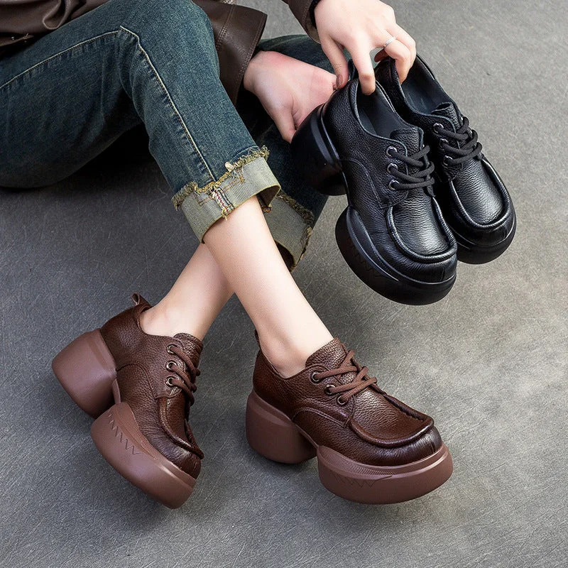 Casual shoes with breathable cut -Women Retro Soft Leather Platform Casual Shoes