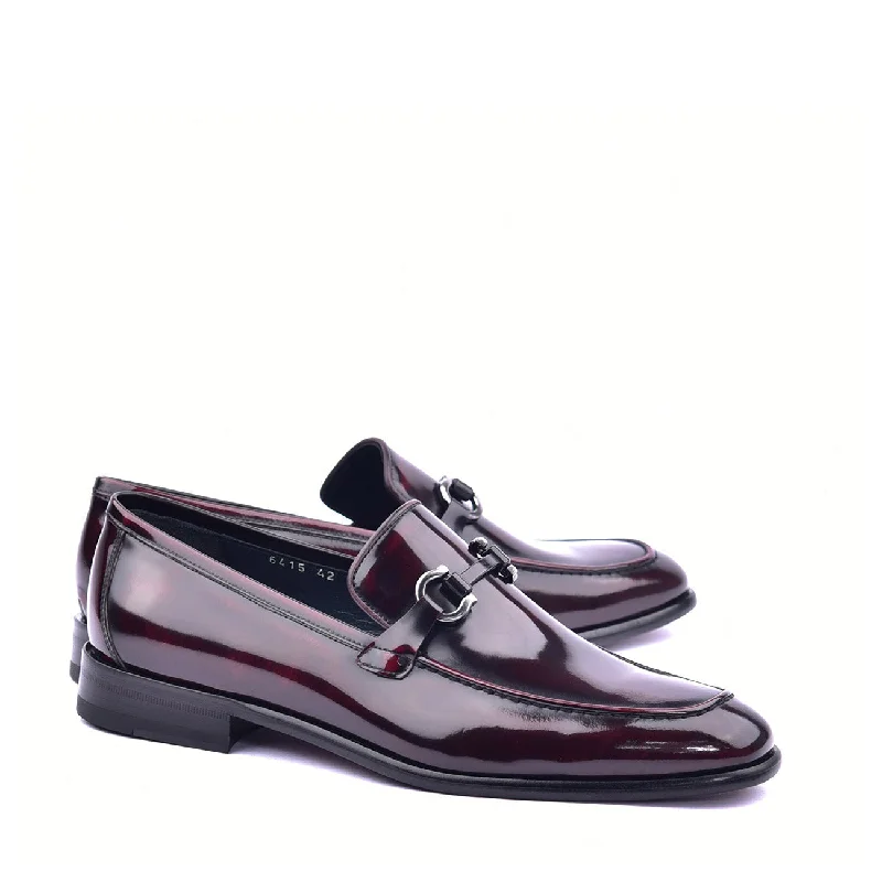 Loafers for busy soles-Corrente C0431 6415 Men's Shoes Burgundy Calf Skin Leather High Gloss Buckle Loafers (CRT1366)