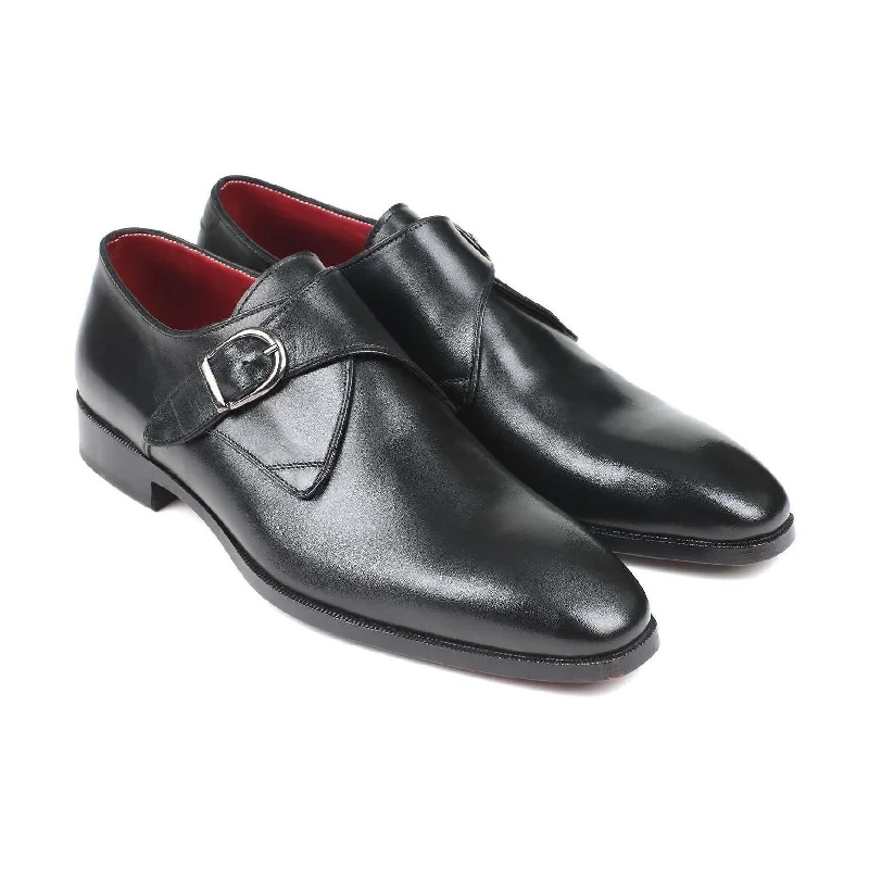 Loafers with chic stitching-Paul Parkman Handmade Designer Shoes Black Leather Single Monkstraps Loafers (PM5863)