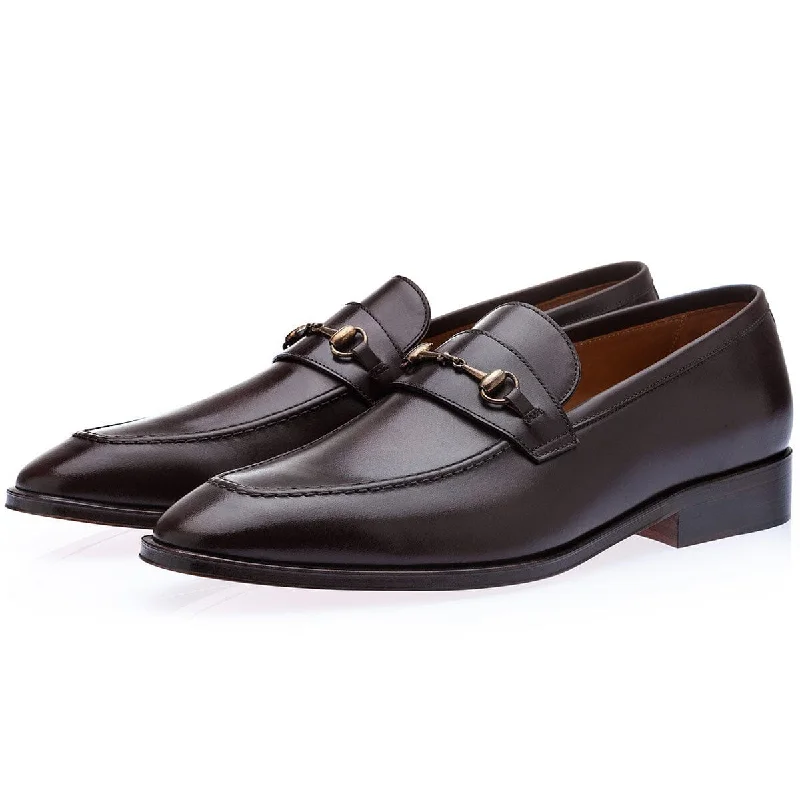 Loafers for evening charm-SUPERGLAMOUROUS Elmoro Vintage Men's Shoes Cocoa Calf-Skin Leather Horsebit Loafers (SPGM1301)