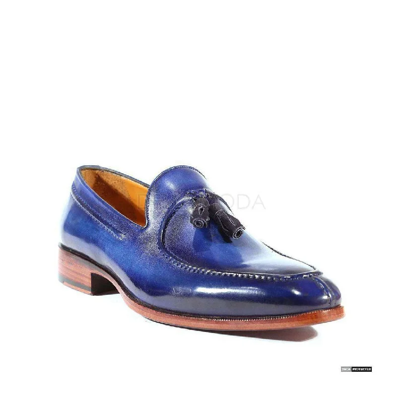 Loafers with solid soles-Paul Parkman Handmade Designer Shoes Handmade Men's Designer Shoes Tassel Hand-Painted Blue Loafers (PM1019)