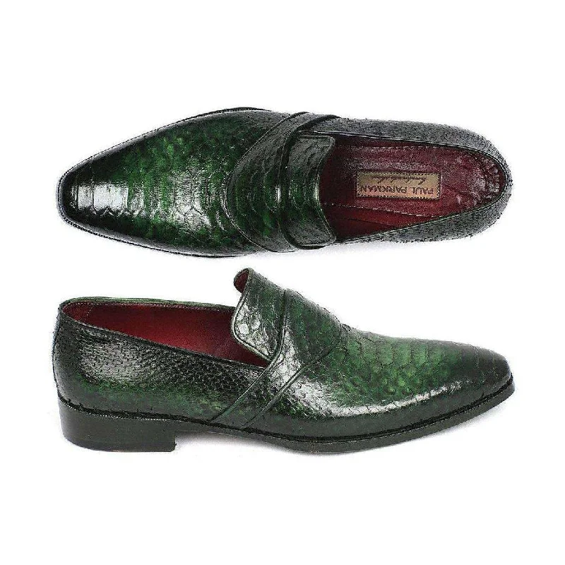 Loafers for rainy outings-Paul Parkman Handmade Designer Shoes Exotic Skin hand Painted Green Loafers (PM5467)