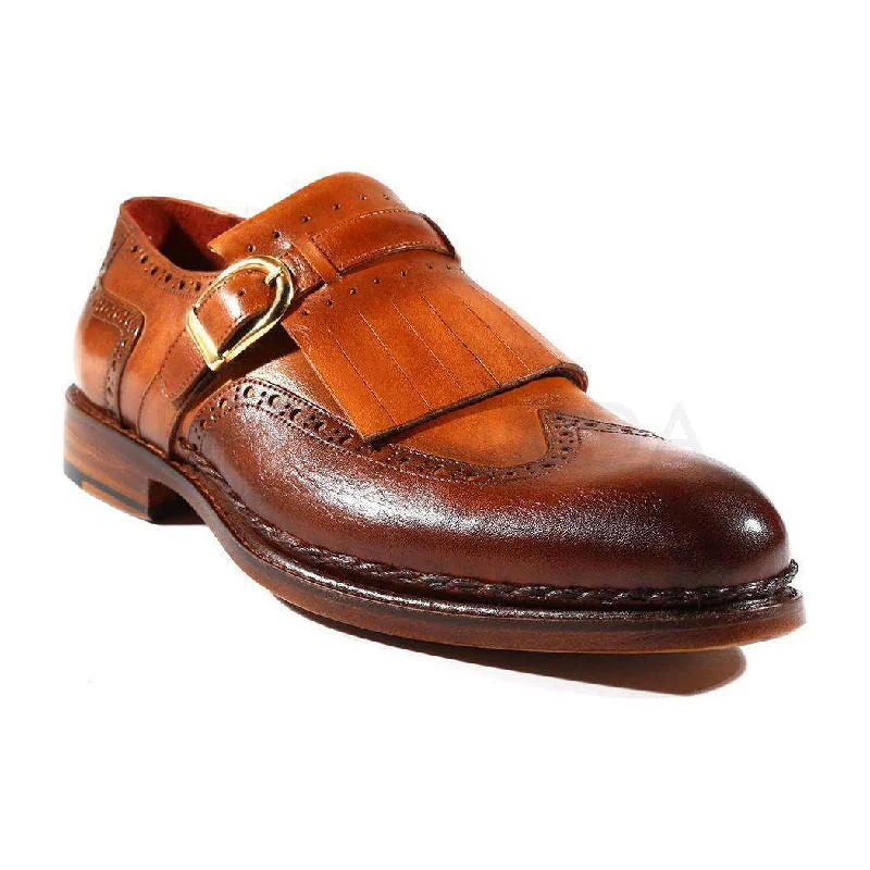 Loafers with bold designs-Paul Parkman Handmade Designer Shoes Men's Designer Shoes Goodyear Welted Kiltie Wingtip Monkstraps Brown & Tobacco Loafers (PM2001)