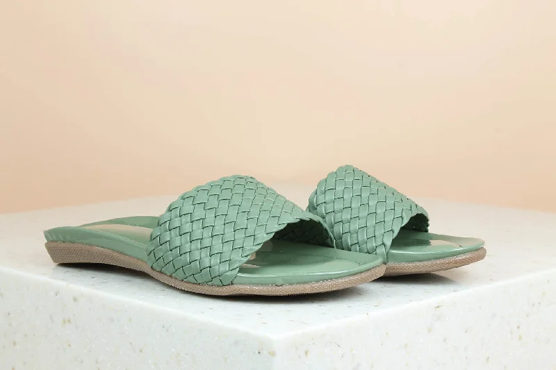 modern flats near subway-Women Green Textured Open Toe Flats