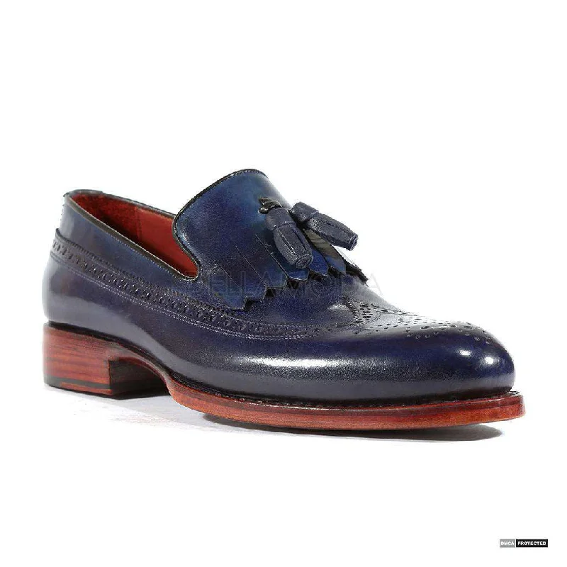 Loafers for active lifestyles-Paul Parkman Handmade Designer Shoes Men's Handmade Kiltie Tassel Dark Blue Loafers (PM1115)