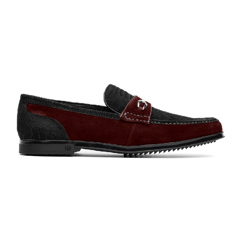 Loafers with airy fabric-Marco Di Milano Hugo Men's Shoes Black & Wine Suede / Ostrich Leg Horsebit Loafers (MDM1064)