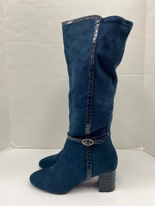 durable leather boots-Blue Boots Mid-calf Heels Karen Scott, Size 7.5