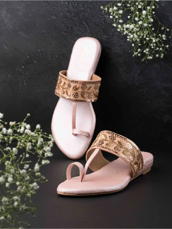 best flats for value-Womens Rose Gold Ethnic Embellished Round Toe Casual Flats