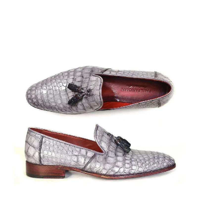 Loafers with plush padding-Paul Parkman Men's Genuine Crocodile Tassel Grey Loafers 44LF27