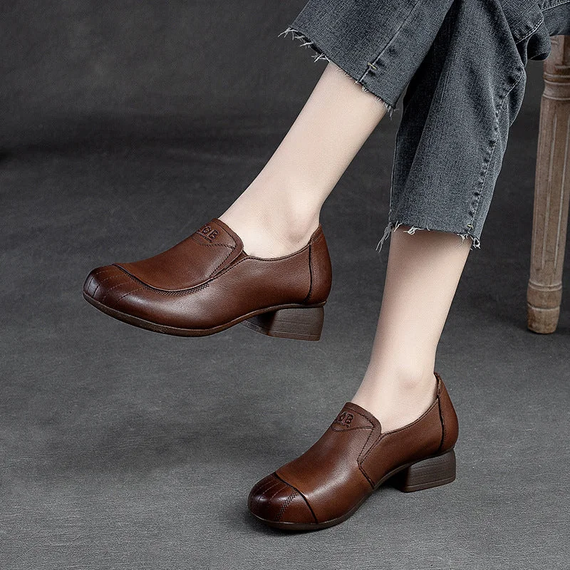 Casual shoes for budget shoppers -Women Retro Leather Chunky Heel Casual Shoes