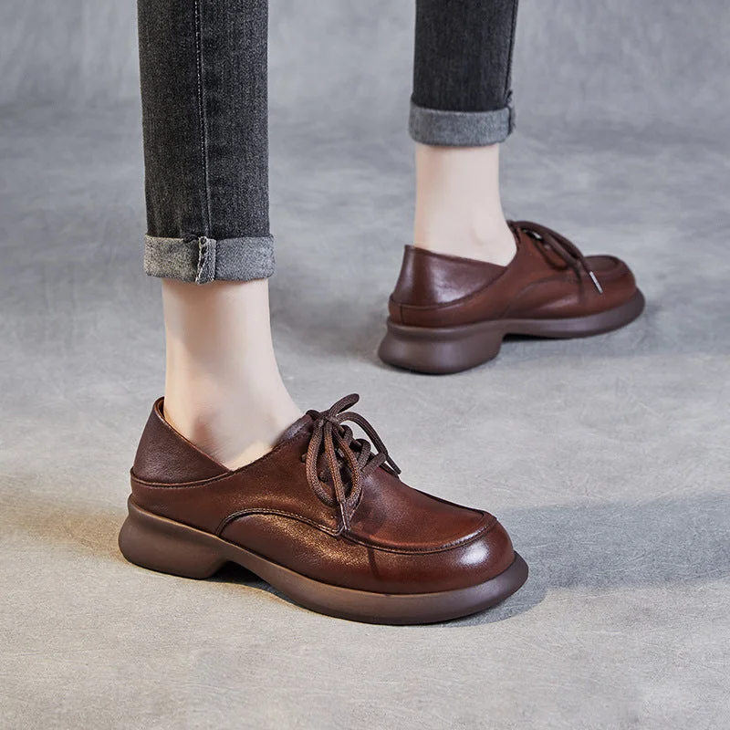 Casual shoes with trendy look -Women Handmade Retro Solid Leather Casual Shoes